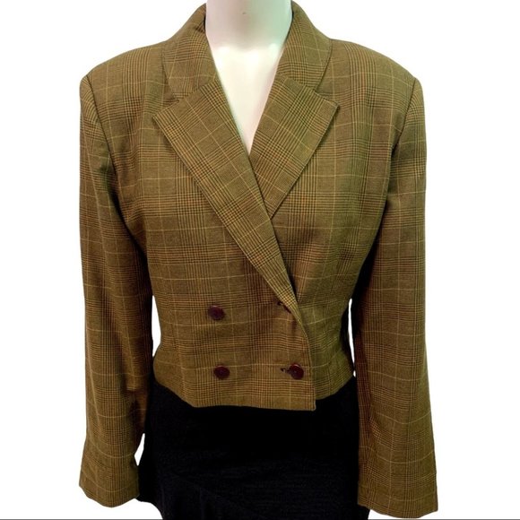 Vintage Jackets & Blazers - GAROCHE PLAID GREEN BLAZER CROP TOP DOUBLE BREAST WOMEN VINTAGE SIZE SMALL